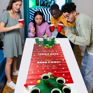 People playing the Festive Beer Pong game from The Diabolical Gift People