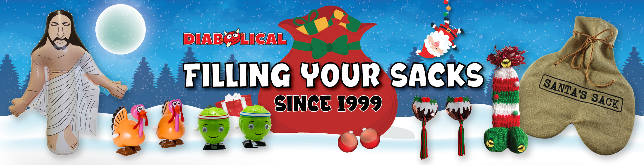 A banner presenting The Diabolical Gift People's best selling wholesale novelty gifts for Christmas.